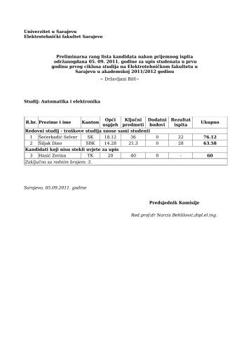 Univerzitet u Sarajevu ElektrotehniÄki fakultet Sarajevo Preliminarna ...