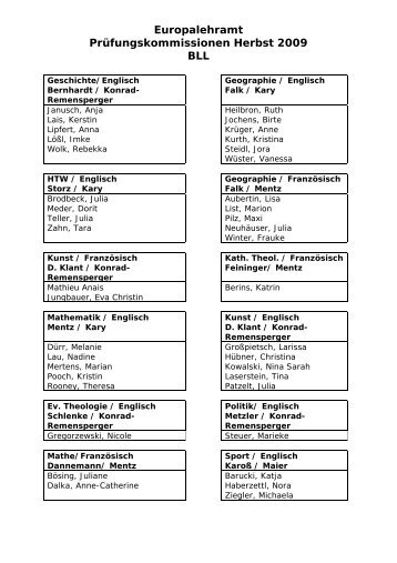 Europalehramt Prüfungskommissionen Herbst 2009 BLL