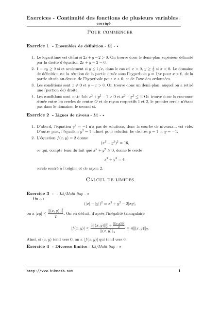 Exercices - ContinuitÃ© des fonctions de plusieurs variables - Bibmath