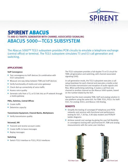 Abacus 5000: T3, E3 Call Generator (TCG3 Subsystem) Datasheet
