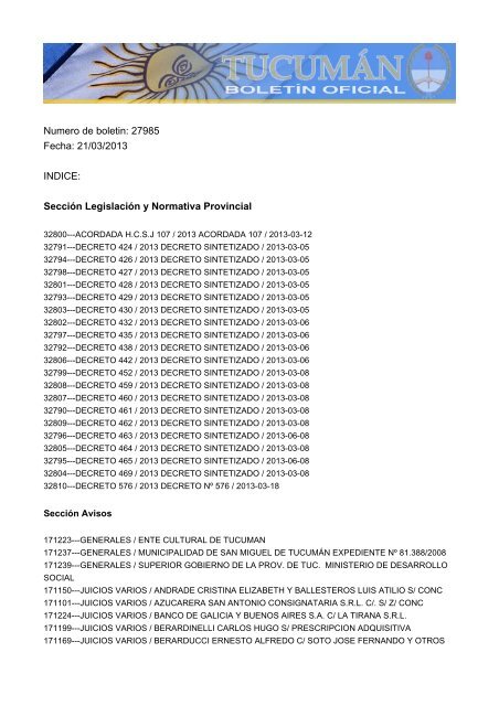 Numero de boletin: 27985 Fecha: 21/03/2013 INDICE: SecciÃ³n ...