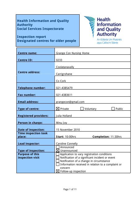 Grange Con Nursing Home, 233, inspection report 15 ... - hiqa.ie