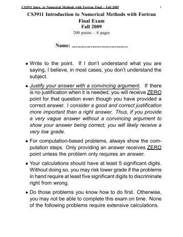 CS3911 Introduction to Numerical Methods with Fortran Final Exam ...