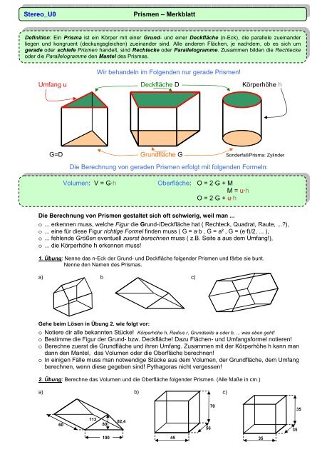 Wir behandeln im Folgenden nur gerade Prismen! Umfang u ...