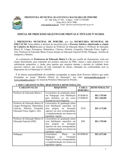 edital de processo seletivo de provas e títulos nº 01/2010. - Peruíbe