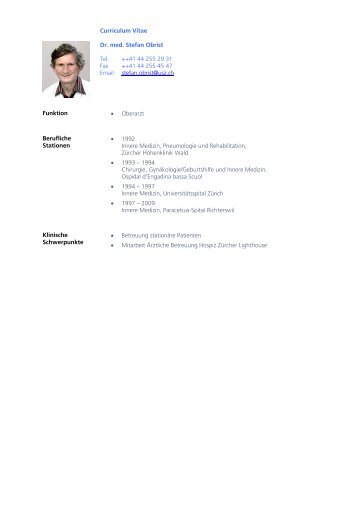 Curriculum Vitae Dr. med. Stefan Obrist - UniversitätsSpital Zürich