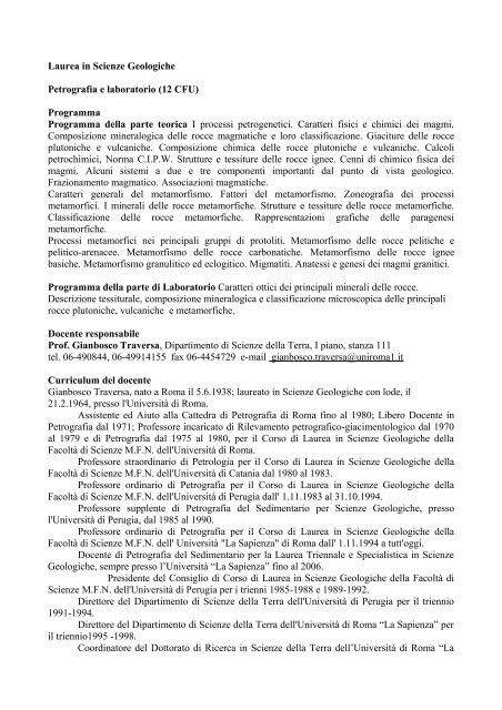 Laurea in Scienze Geologiche Petrografia e laboratorio ... - Sapienza