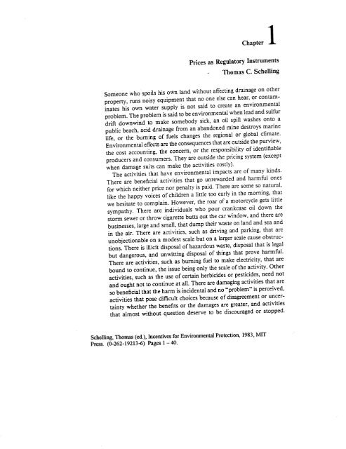 Chapter 1 Prices as Regulatory Instruments Thomas C. Schelling ...