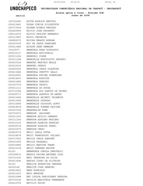 Alunos aptos a votar - EleiÃ§Ã£o DCE Junho de 2008 ... - UnochapecÃ³