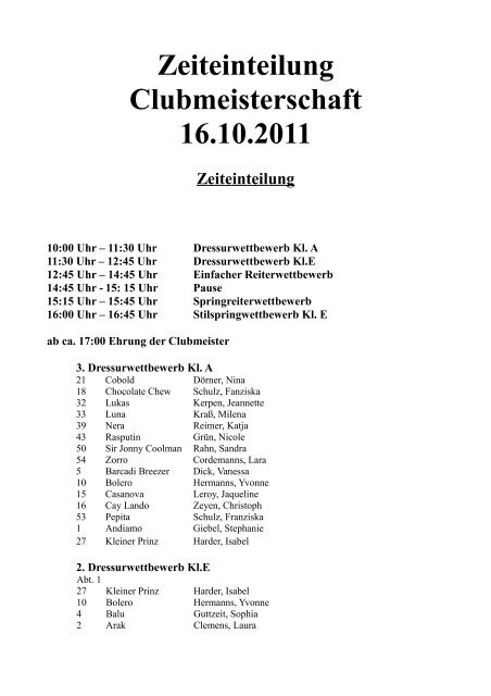 Zeiteinteilung Clubmeisterschaft 16.10.2011 - Reitschule Richard Feil