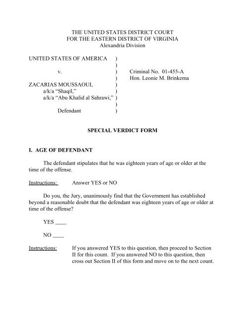 special verdict form - USDC Eastern District Of Virginia