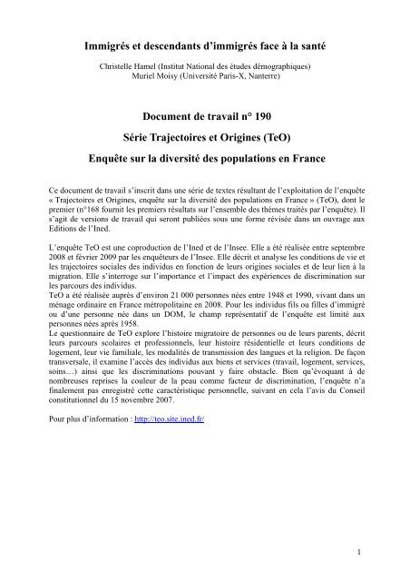 Chapitre 10 : L'expérience de la migration, santé perçue et ... - Ined