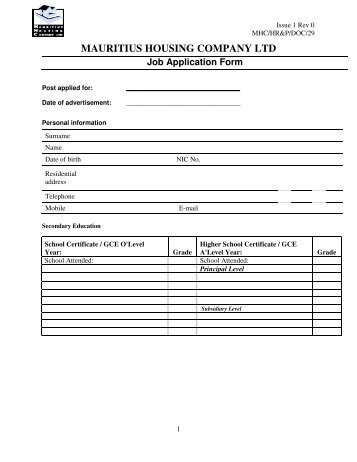 MAURITIUS HOUSING COMPANY LTD Job Application Form