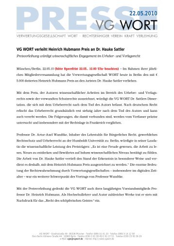 VG WORT verleiht Heinrich Hubmann Preis an Dr. Hauke Sattler