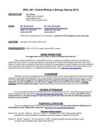 BIOL 401 Spring 2011 Syllabus - Department of Biology - Texas ...