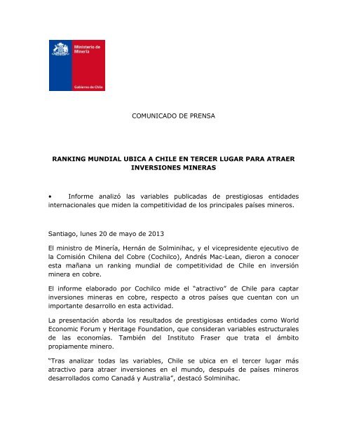 COMUNICADO DE PRENSA RANKING MUNDIAL UBICA A CHILE ...