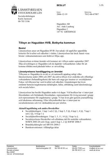 Tillsyn av Hagudden HVB, Botkyrka kommun - LÃ¤nsstyrelsen i ...
