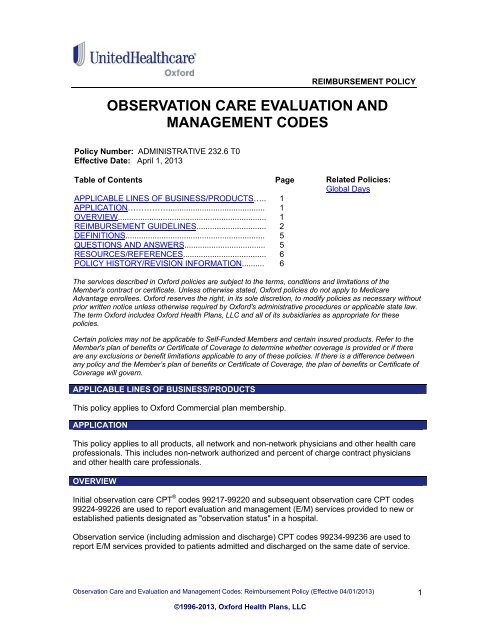 observation care evaluation and management codes - Oxford Health ...