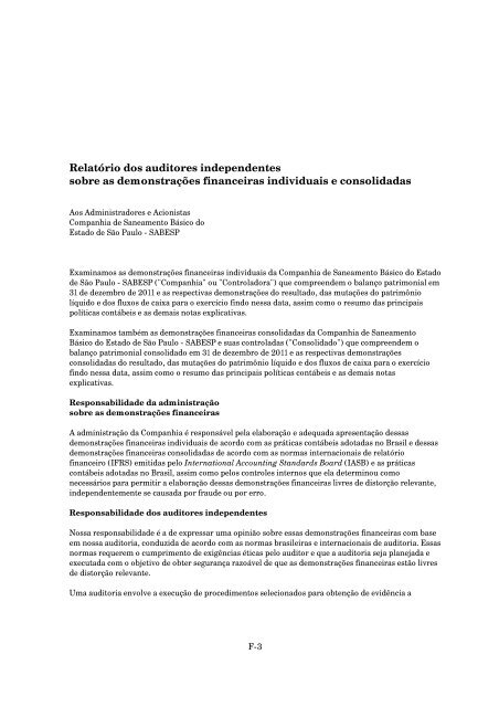 RelatÃ³rio dos auditores independentes sobre as ... - Sabesp