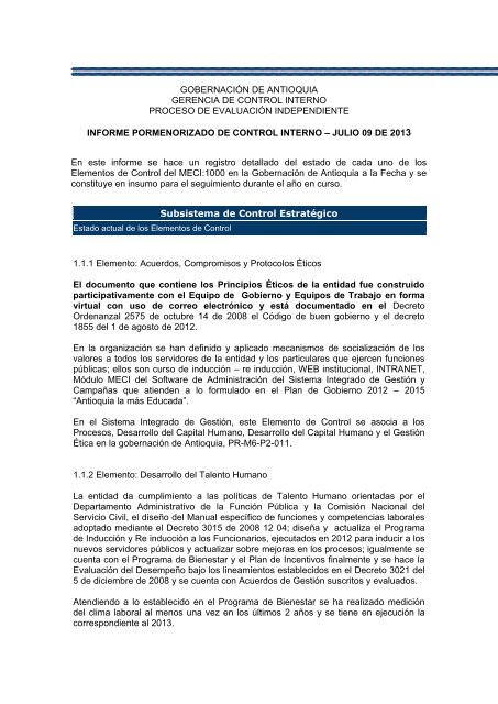 informe pormenorizado de control interno a julio de 2013