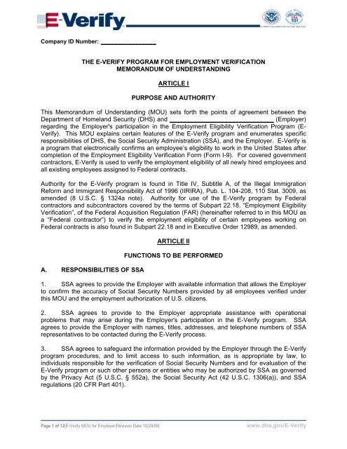 E-Verify Memorandum of Understanding E-Verify MOU