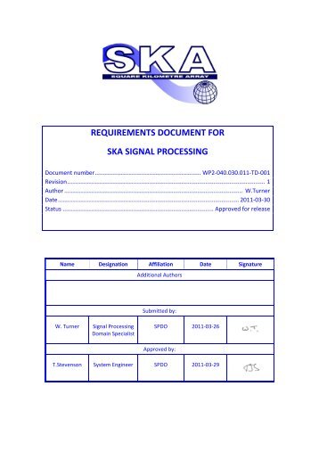 REQUIREMENTS DOCUMENT FOR SKA SIGNAL PROCESSING