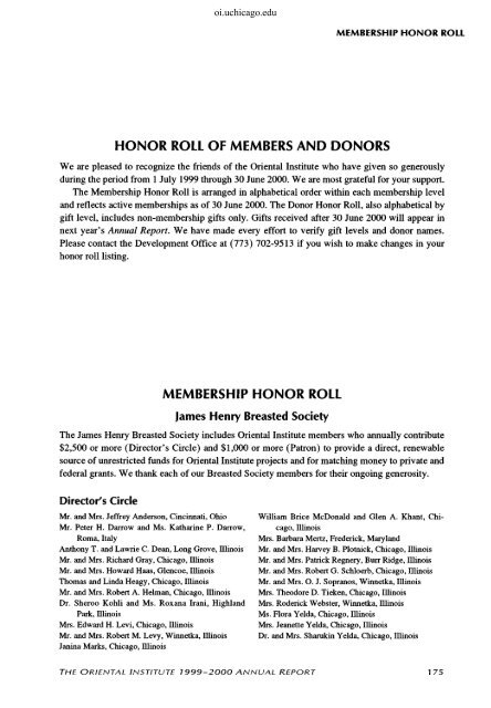 honor roll of members and donors - Oriental Institute - University of ...