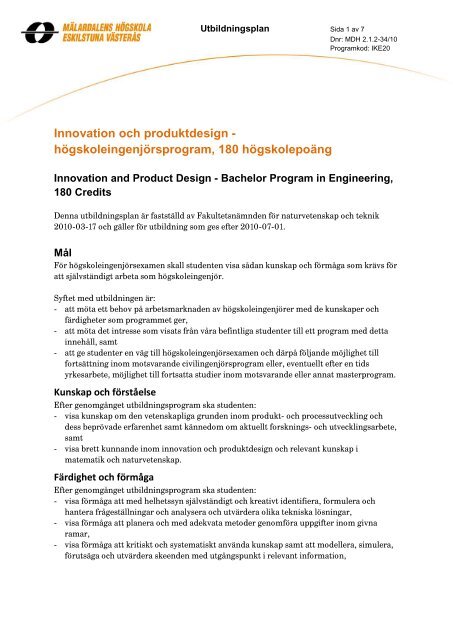 Innovation och produktdesign - högskoleingenjörsprogram, 180 hp