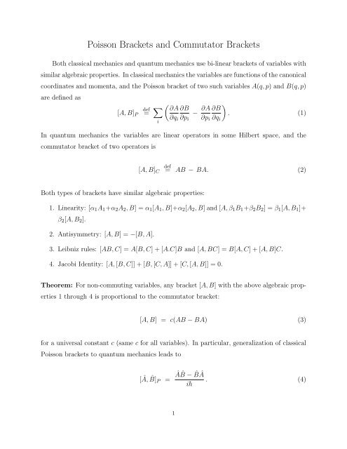 Poisson Brackets and Commutator Brackets - The University of ...