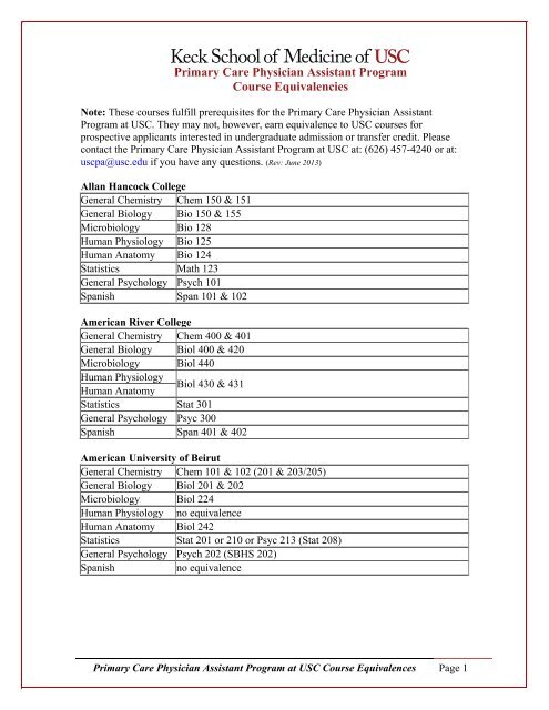 course equivalency listing - University of Southern California