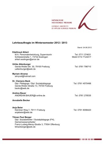 Verzeichnis der Lehrbeauftragten - KH Freiburg