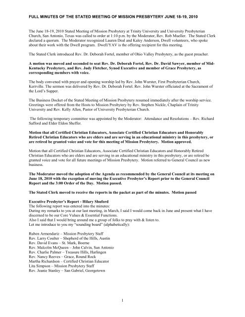 The March 6 7 09 Stated Meeting Of Mission Presbytery At First The March 6 7 09 Stated Meeting Of Mission Presbytery At First