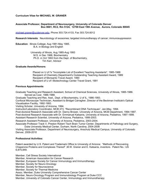 Curriculum Vitae for MICHAEL W. GRANER Associate Professor ...