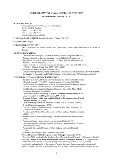 CURRICULUM VITAE of Dr. Luc MICHEL, MD, FACS, FCCP