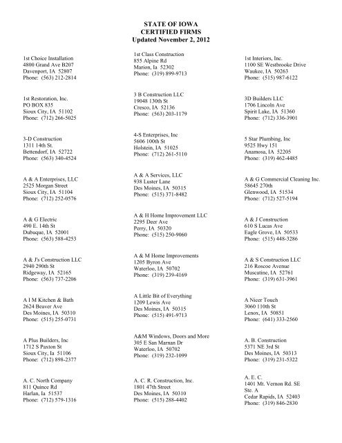 STATE OF IOWA CERTIFIED FIRMS Updated November 2