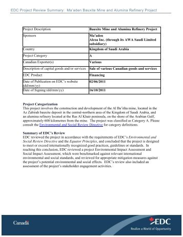 Project Review Summary - Ma'aden Bauxite Mine & Alumina ... - EDC