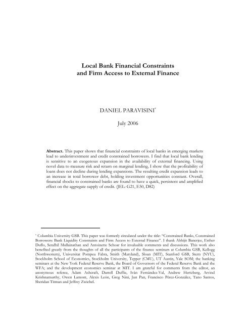 Local Bank Financial Constraints and Firm Access to External Finance