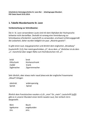 1. Tabelle Mundartworte St. Leon