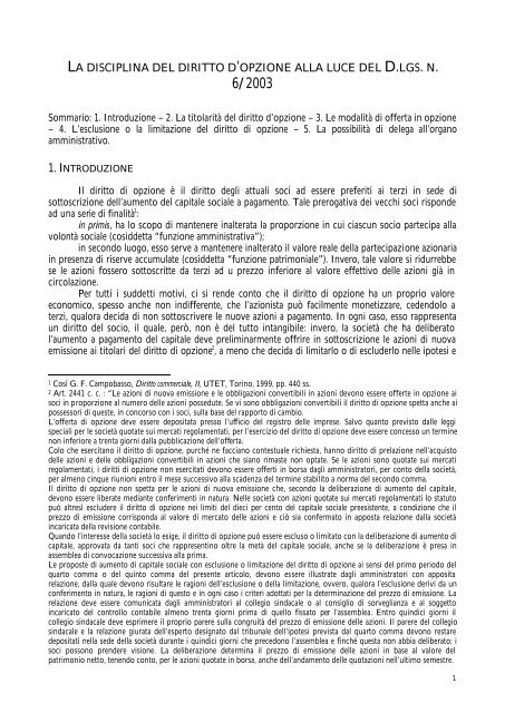 la disciplina del diritto d'opzione alla luce del d.lgs. n. - Scuola ...