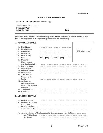 Page 1 of 4 Annexure A BHARTI SCHOLARSHIP FORM (Applicant ...