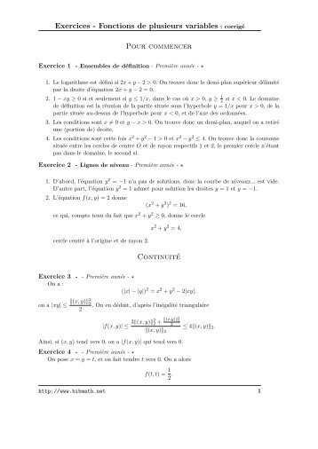 Exercices - Fonctions de plusieurs variables : corrigÃ© Pour ... - Bibmath