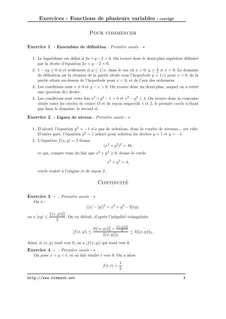 Exercices - Fonctions de plusieurs variables : corrigÃ© Pour ... - Bibmath