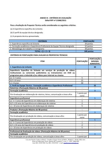 ANEXO III - CRITÉRIOS DE AVALIAÇÃO Edital RFP nº ... - Pnud