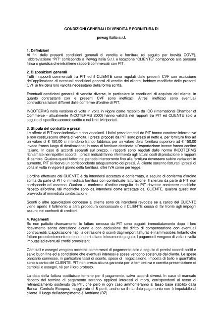 Condizioni Generali di Vendita e Fornitura di pewag italia s.r.l.