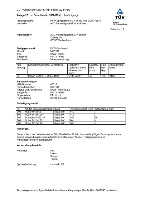 GUTACHTEN zur ABE Nr. 47510 nach Â§22 StVZO Anlage ... - Motec