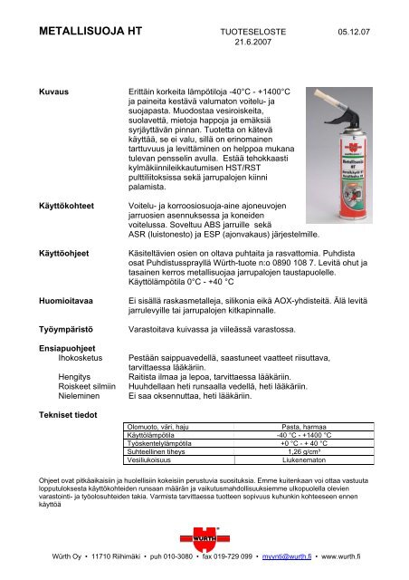 METALLISUOJA HT - WÃ¼rth Oy