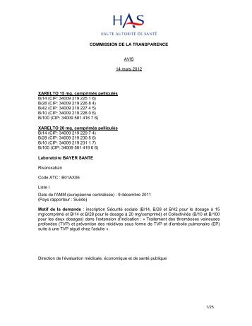 xarelto tvp avis - ct11891 - Haute AutoritÃ© de SantÃ©
