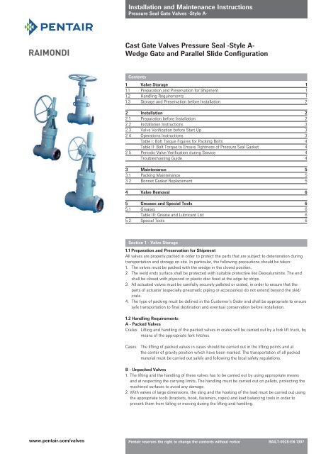 Cast Gate Valves Pressure Seal -Style A- Wedge Gate and ... - Pentair