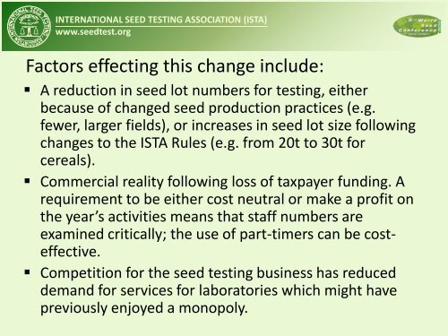 Maintaining capacity in seed technology and seed testing