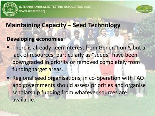 Maintaining capacity in seed technology and seed testing